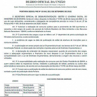 Autorização para concurso no IBAMA publicada no dia 06/09/21 - Diário Oficial da União Autorização para concurso no IBAMA publicada no dia 06/09/21 - Diário Oficial da União